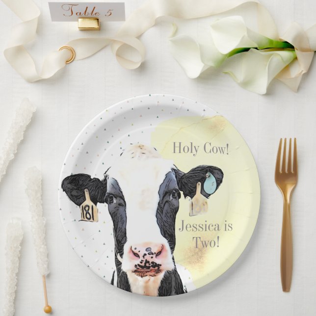 Assiettes En Carton Cute Cow Wild Animal Jaune 2e fête d'anniversaire (Mariage)