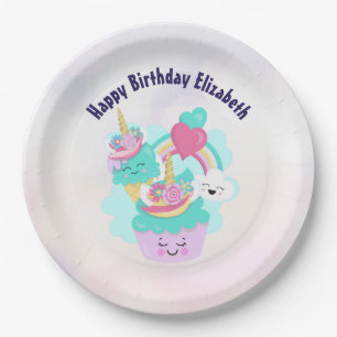 Assiettes En Carton Cute Cupcake et Joyeuse crème glacée Anniversaire