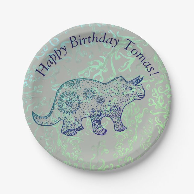 Assiettes En Carton Cute Dinosaur anniversaire personnalisé Plaques (Devant)