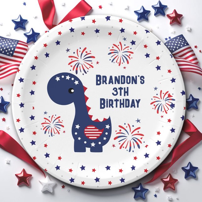 Assiettes En Carton Cute Dinosaur Boy Anniversaire 4 juillet (Cute Dinosaur Boy Birthday 4th of July Paper Plates)