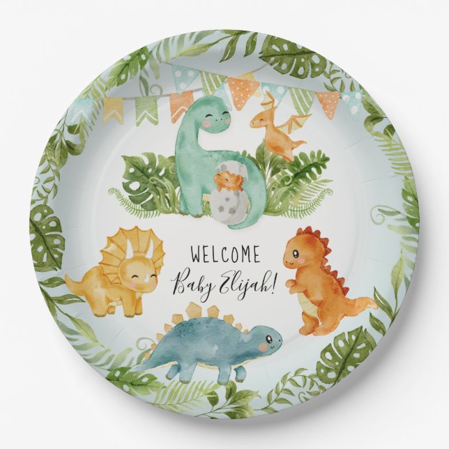 Assiettes En Carton Cute Dinosaur Foliage Aquarelle Bébé Garçon Douche (Devant)