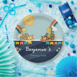 Assiettes En Carton Cute dinosaure Excavateur tracteur arc-en-ciel Ann