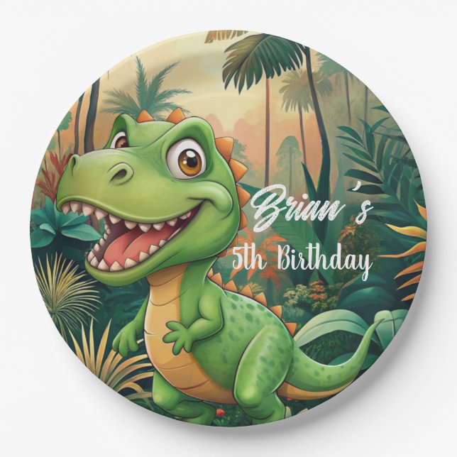 Assiettes En Carton Cute Dinosaures rugit Boy fête d'anniversaire (Devant)