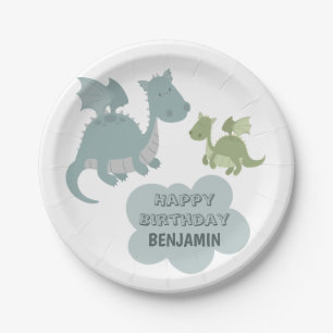 Assiettes En Carton Cute Dragon Blue Green Nom personnalisé Anniversa