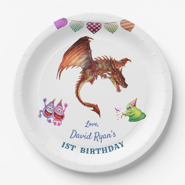 Assiettes En Carton Cute Dragon Monsters Coeurs Garçon Premier Anniver (Devant)