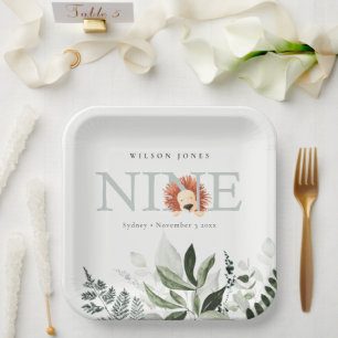 Assiettes En Carton Cute Dusky Blue Lion Foliage 9e Anniversaire