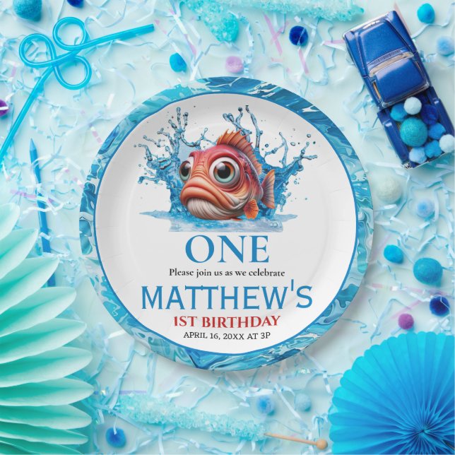Assiettes En Carton Cute Eau Bleu Poisson 1er anniversaire (Fête)