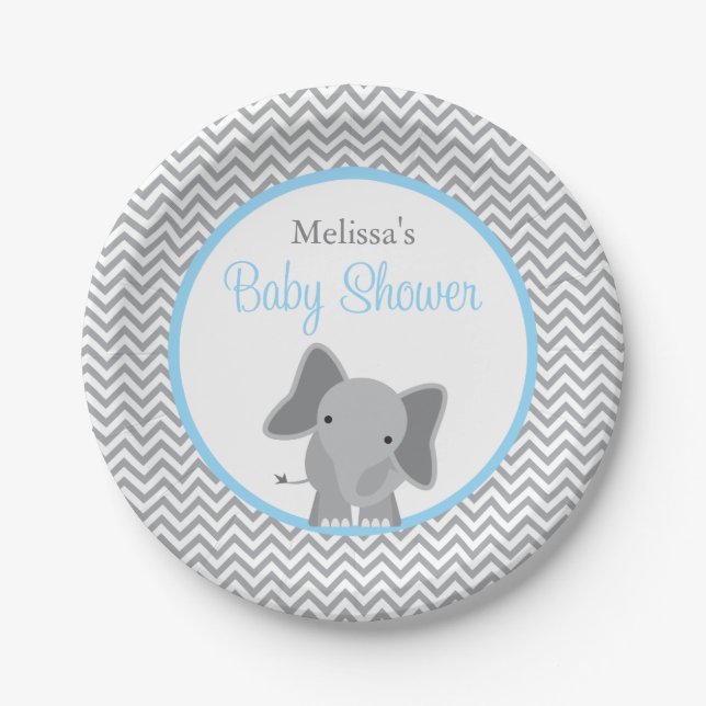 Assiettes En Carton Cute Elephant Chevron Baby shower bleu clair (Devant)