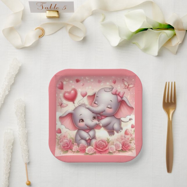 Assiettes En Carton Cute Elephant Hugs, Coeurs et Roses (Mariage)