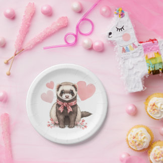 Assiettes En Carton Cute Ferret Kawaii Pink Hearts Illustration