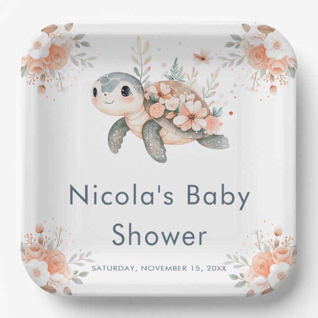 Assiettes En Carton Cute Floral Turtle Baby Shower (Recto)