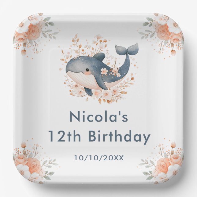 Assiettes En Carton Cute Floral Whale Birthday Party (Recto)