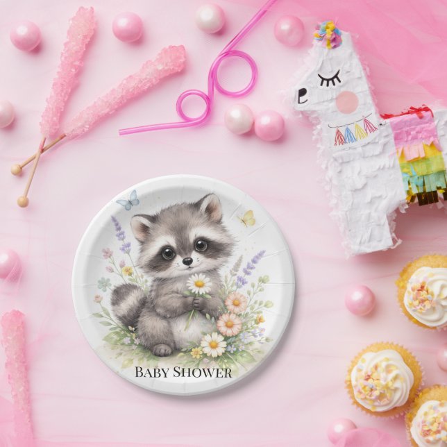 Assiettes En Carton Cute Forest Baby Raccoon Baby Shower  (Fête)
