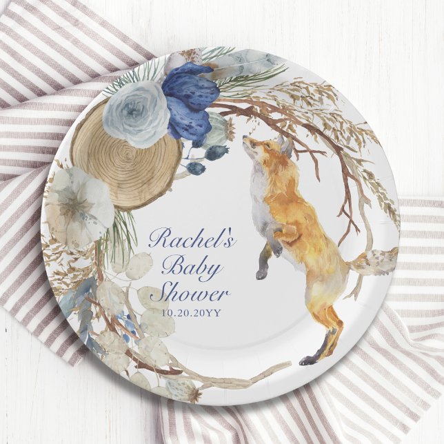 Assiettes En Carton Cute Fox bois aquarelle Baby shower Floral (Créateur téléchargé)