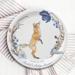 Assiettes En Carton Cute Fox bois aquarelle Baby shower Floral<br><div class="desc">Cute Woodland Fox Aquarelle Floral Baby shower Papier Plaques comporte un renard d'aquarelle mignon entouré de plumes et de fleurs en bleu,  gris et marron sur un arrière - plan blanc avec votre nom personnalisé et la date ci-dessous. Modifiez le texte dans les zones de texte fournies pour personnaliser.</div>