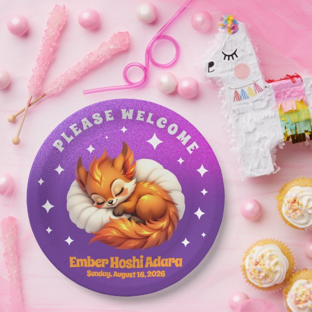 Assiettes En Carton Cute Fox Cub Asleep in Starry Night Sky (Fête)