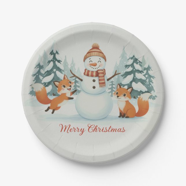 Assiettes En Carton Cute Foxes and Snowman Merry Christmas (Devant)
