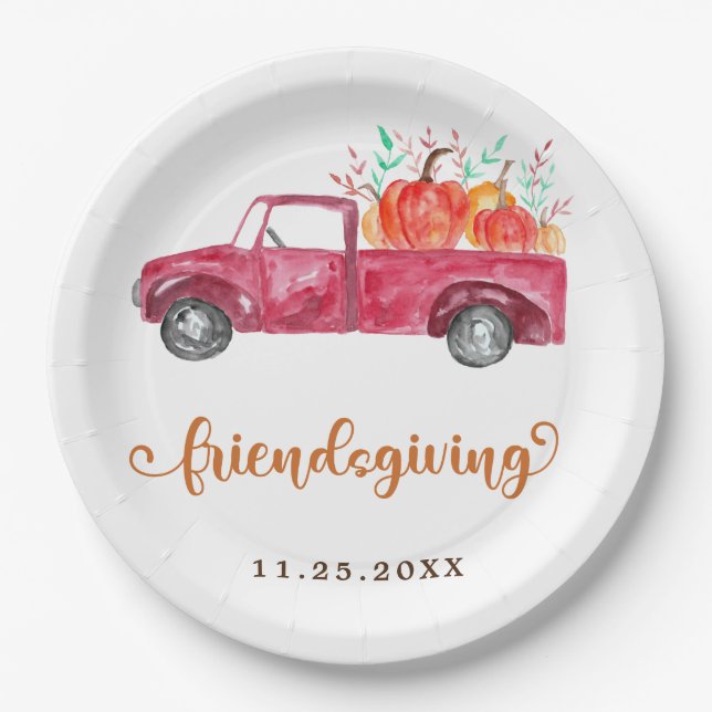 Assiettes En Carton Cute Friendsgiving Calligraphie Rouge Camion Citro (Devant)