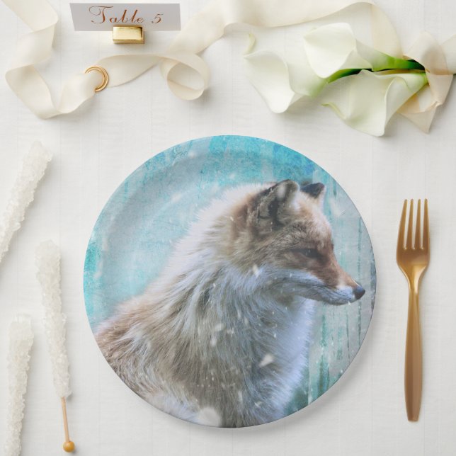Assiettes En Carton Cute Furry Fox sur Blue Grunge Arrière - plan (Mariage)