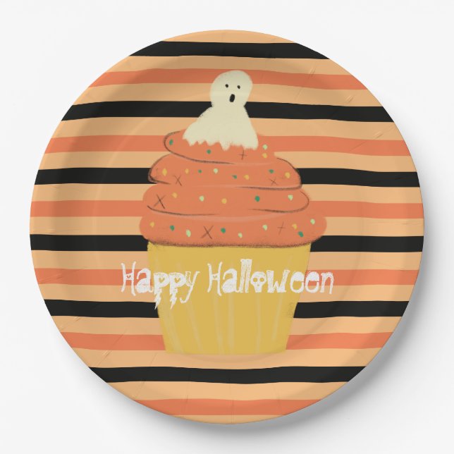 Assiettes En Carton Cute Ghost Cupcake Halloween Orange Black Stripes (Devant)
