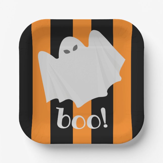 Assiettes En Carton Cute Ghost Halloween Orange et Black Stripes (Recto)