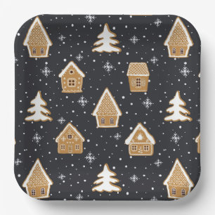 Assiettes En Carton Cute Gingerbread Village Fir Trees Bleu Noël