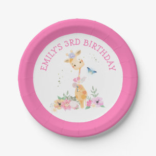 Assiettes En Carton Cute Giraffe Rose Florals Filles 3e fête d'anniver