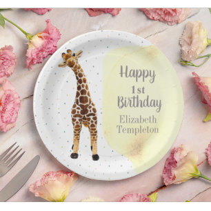 Assiettes En Carton Cute Giraffe Safari Wild Jaune 1ère fête d'anniver