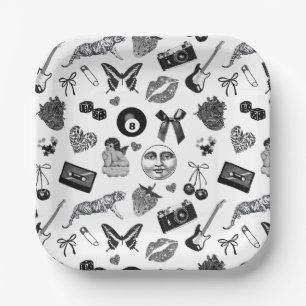 Assiettes En Carton Cute Girl Noir Blanc Motif esthétique