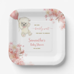 Assiettes En Carton Cute Girl Teddy Bear Aquarelle Baby shower rose