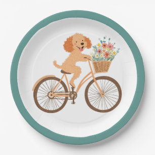 Assiettes En Carton Cute Goldendoodle Chien Vélo Fleurs de printemps