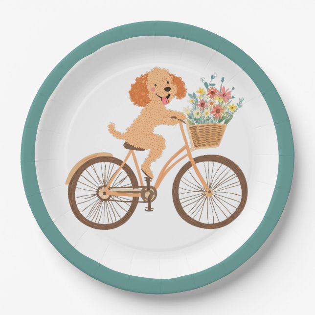 Assiettes En Carton Cute Goldendoodle Chien Vélo Fleurs de printemps (Devant)