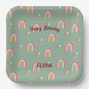 Assiettes En Carton Cute Green Boho Rainbow Anniversaire Nom personnal