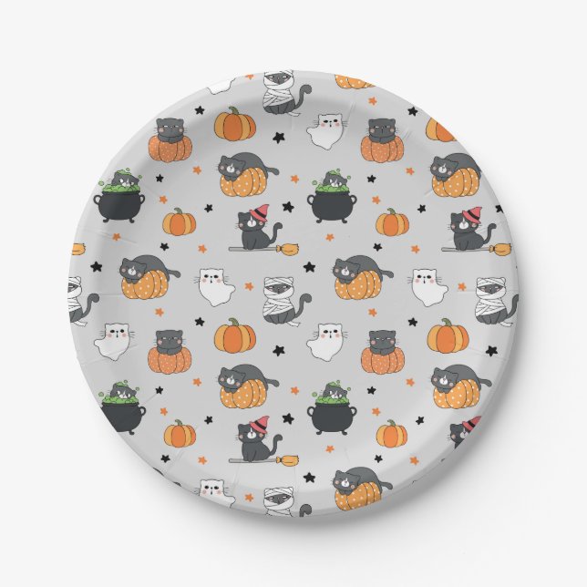 Assiettes En Carton Cute Halloween Chats et Fantômes Motif (Devant)