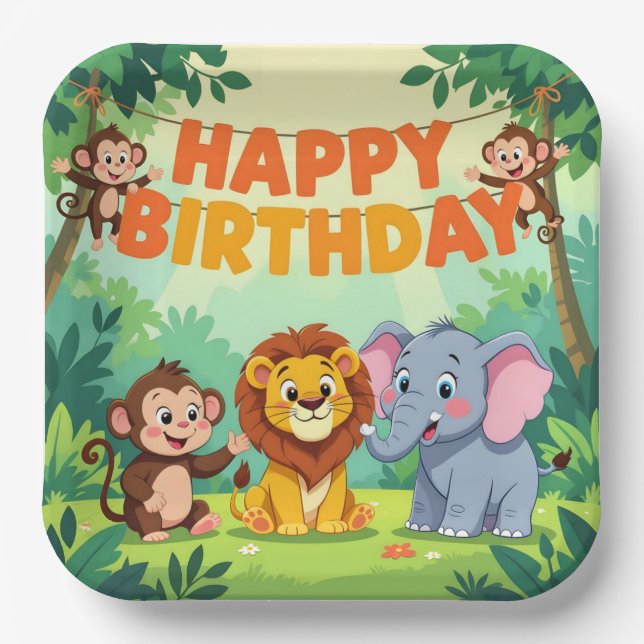 Assiettes En Carton Cute Happy Birthday safari theme (Recto)
