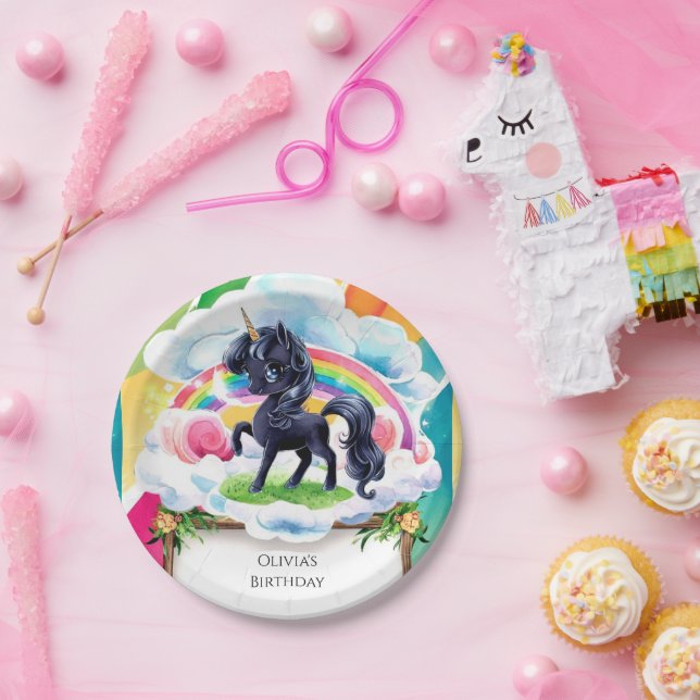 Assiettes En Carton Cute Happy Black Unicorn Anniversaire (Fête)