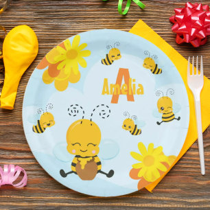 Assiettes En Carton Cute Happy Bumble Bee with Flowers