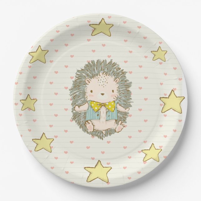 Assiettes En Carton Cute Hedgehog Coeurs Étoiles Baby shower (Devant)