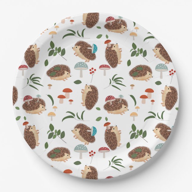 Assiettes En Carton Cute Hedgehog Mushrooms Woodland Forest Animal (Devant)