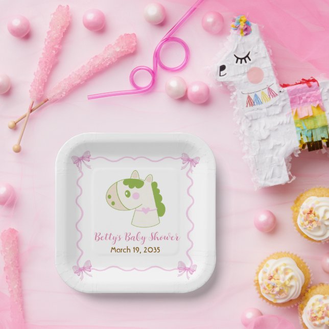 Assiettes En Carton Cute Horse Pink Bow Personalized Girl Baby Shower  (Fête)