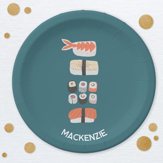 Assiettes En Carton Cute Japonais Sushi Personnalisé (Fun Japanese sushi personalized party paper plates)