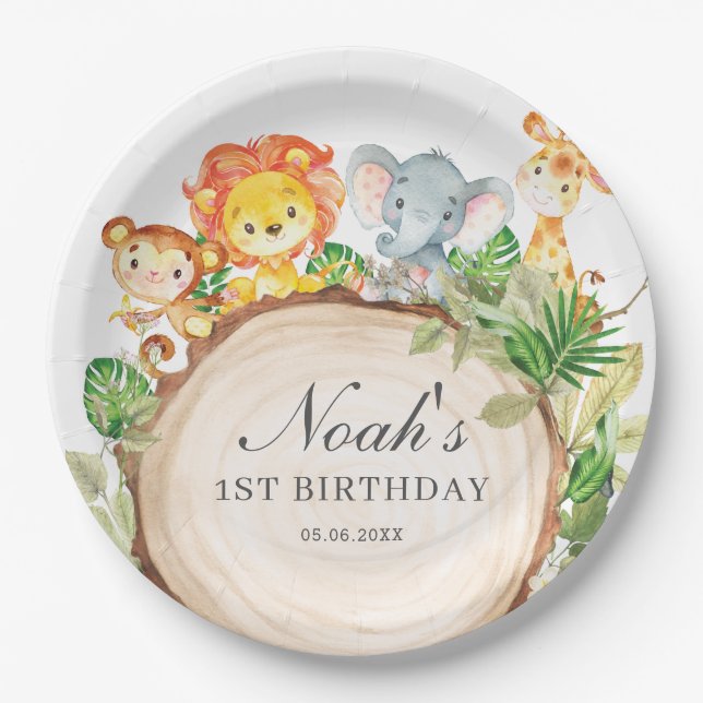 Assiettes En Carton Cute Jungle Animaux Baby shower verdoyant Annivers (Devant)