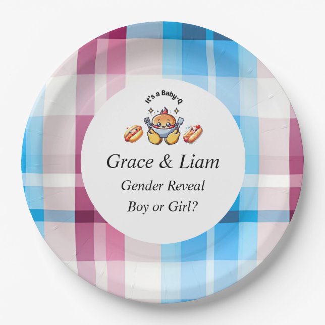 Assiettes En Carton Cute Kawaii Baby-Q Gender Reveal Party (Devant)