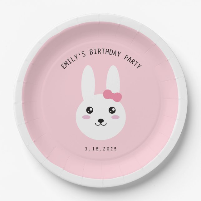 Assiettes En Carton Cute Kawaii Bunny Bow rose fête d'anniversaire    (Devant)