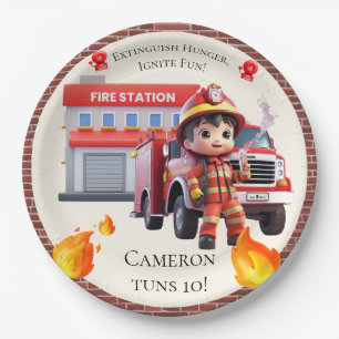 Assiettes En Carton Cute Kawaii Pompier garçon et camion-feu