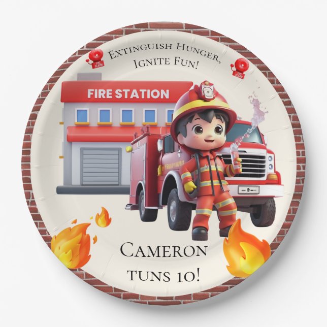 Assiettes En Carton Cute Kawaii Pompier garçon et camion-feu (Devant)