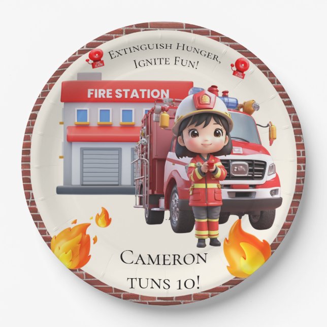 Assiettes En Carton Cute Kawaii Pompier Girl et Camion d'incendie (Devant)