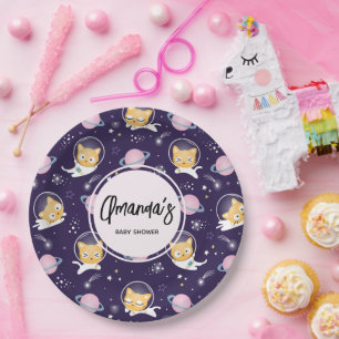 Assiettes En Carton Cute Kitty Chat Astronauts Baby shower Motif