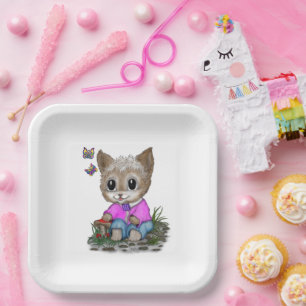 Assiettes En Carton Cute Kitty Chat et Papillon
