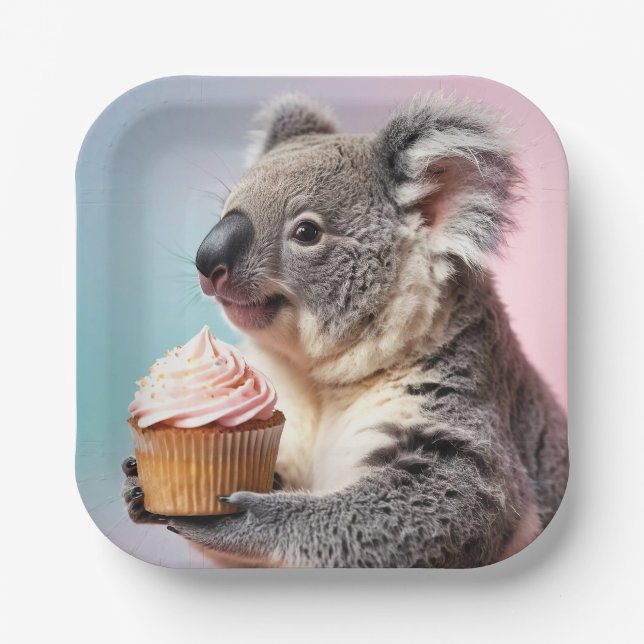 Assiettes En Carton Cute Koala Avec Cupcake Pastel Gradient (Recto)